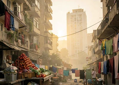Dusty golden Cairo haze compressing apartment layers, vegetable market stall wit