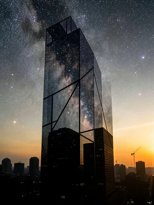 Skyscraper silhouette filled with starfield and nebula, double exposure