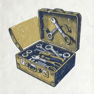 Bram-screenpress poster motif of a halftone toolbox open with tools in mustard a