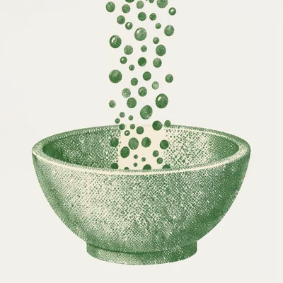 Bram-screenpress motif of halftone droplets falling into a halftone bowl in spri