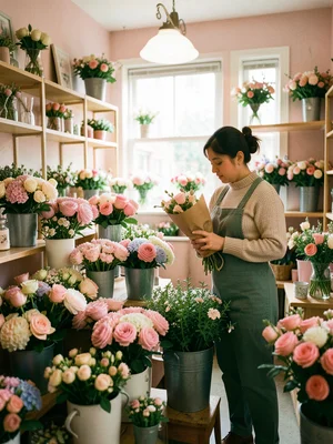 A flower shop interior in soft pinks and greens, buckets of blooms, a shopkeeper