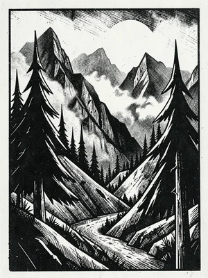 Mountain pass in fog, pine trees as angular spear-like forms