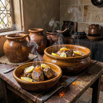 Through the Fes tannery eye, leather and dye craft, Tagine dishes steaming on a 