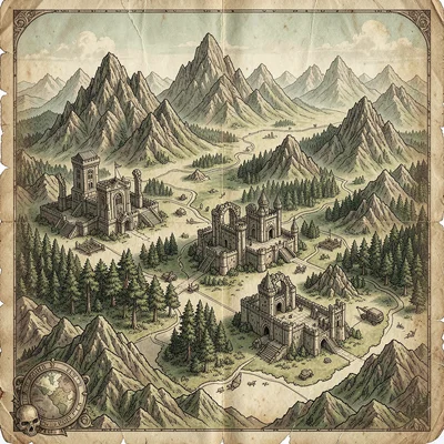 Fantasy map illustration, an ancient empire map with ruins marked where cities o