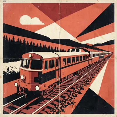 Soviet constructivist poster illustration, a train speeding through diagonal lan