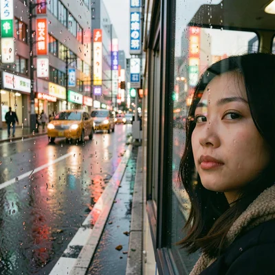 Close-up of a woman's face reflected in a rain-beaded bus window, city sliding p