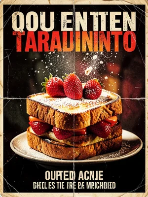 Stack of french toast with fresh strawberries, powdered sugar dusting mid-air