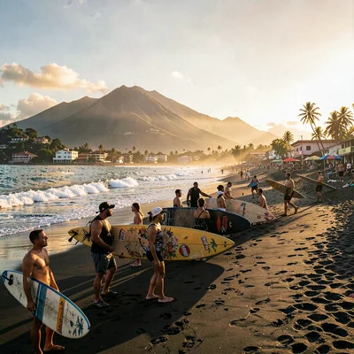 Pupusería golden hour in El Salvador, Surfers carrying longboards down a black s