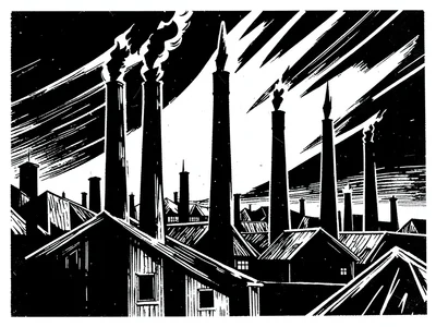 Factory district at night, chimneys as jagged black verticals, sky slashed white