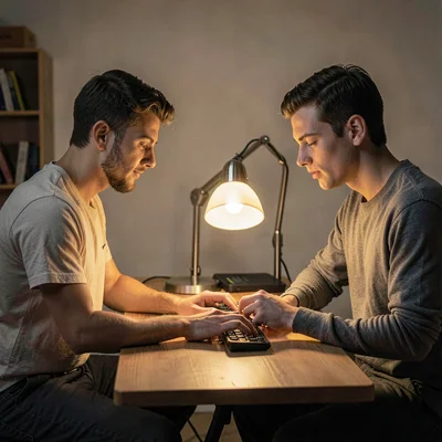 Studio portrait of two students pair-programming at a single workstation, warm l
