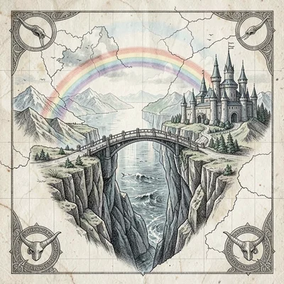 A Norse Bifrost-bridge crossing map showing the rainbow bridge spanning a chasm,