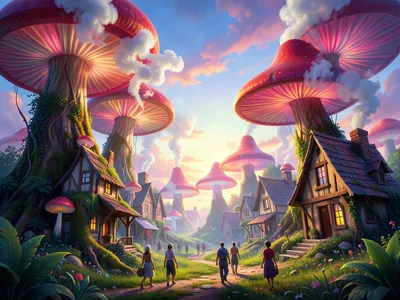 Village where the houses grow from giant mushrooms, smoke rising from cap-chimne