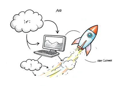 A hand-drawn flowchart: idea cloud → pencil sketch → computer → rocket launching
