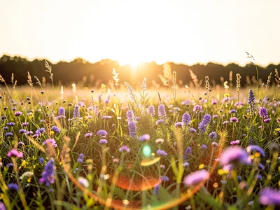 Wildflower meadow with sun behind