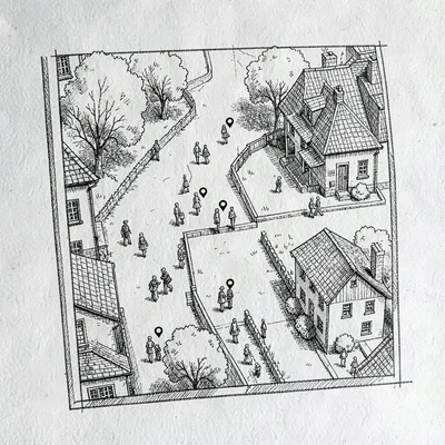 plan view of a heritage walking tour with marker dots