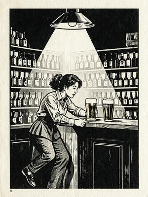 A woman pulling a pint of stout behind a bar, overhead lamp casting a cone of li