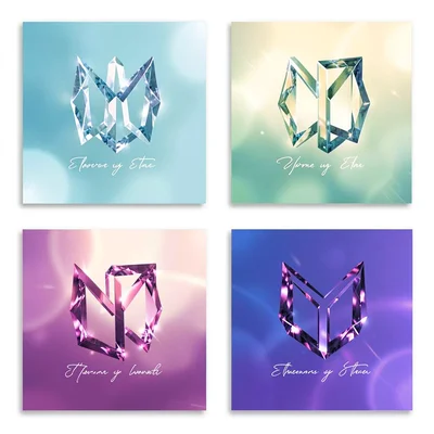 Quote card grid of four abstract glyph tiles, each in a different jewel tone
