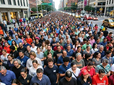 Crosswalk crowd compressed into layers of people