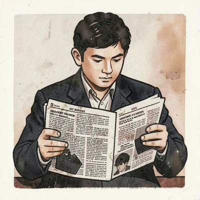 Risograph-style illustration, person reading newspaper , spot color layer simula