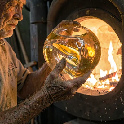 Through the lens of Venetian glass-making, molten luminosity, An elderly craftsm