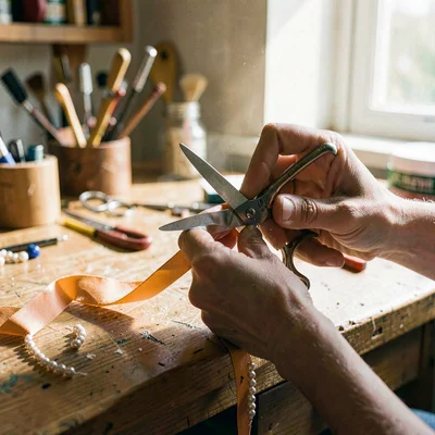 Hands trimming ribbon with bead-handled scissors at a workbench