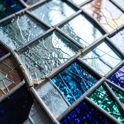 Mineral-cut detail of a Tiffany-style mosaic with chipped grout and crackled gla