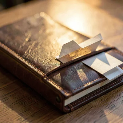 Macro of a leather portfolio with paper tabs jutting out, golden-hour glow