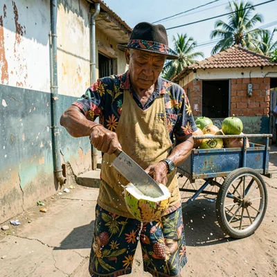Documentary photograph with Jamaican yard aesthetic, Coconut water vendor splitt