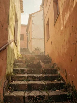 Worn flagstone staircase with weeds in the joints, sirocco dust softening the ai