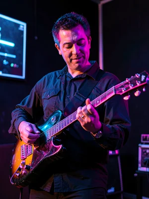 Musician with instrument in neon