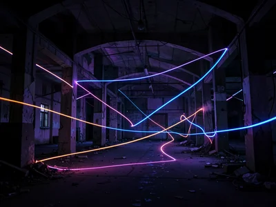 Light painting in abandoned building, neon streaks following architectural lines
