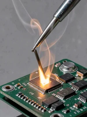 A soldering iron tip hovering above a circuit board, thermal plume rising from t