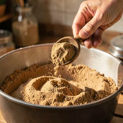Warm photo of a hand-scoop being filled from a bulk bin, spice falling