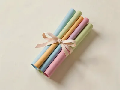 Bundle of plump matte tubes tied with a paper ribbon, each tube a different soft