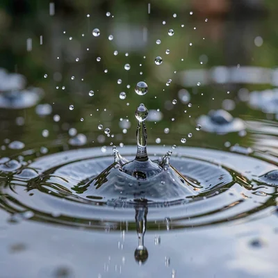 A single raindrop hitting a puddle, the crown formation frozen at maximum height