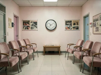 Waiting room with symmetrical seating, dusty pink chairs facing each other, anal