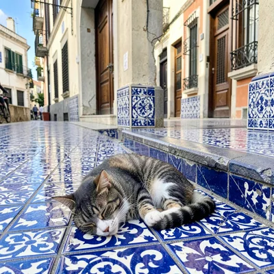 Azulejo tile geometry, Portuguese ceramic culture, A cat sleeping on a blue tile