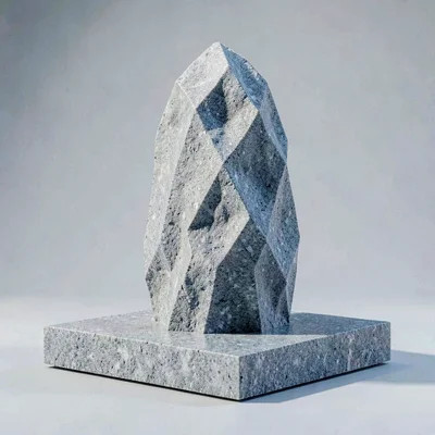 Faceted stone monolith rising from a flat plinth, raking sidelight carving each 