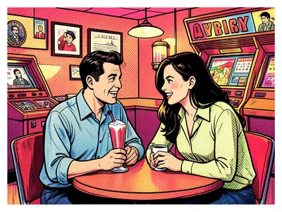 Couple on date in pop art diner, milkshake, jukebox, benday dots throughout