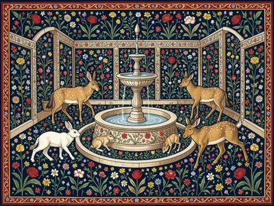 Animals Drinking at Walled Garden Fountain