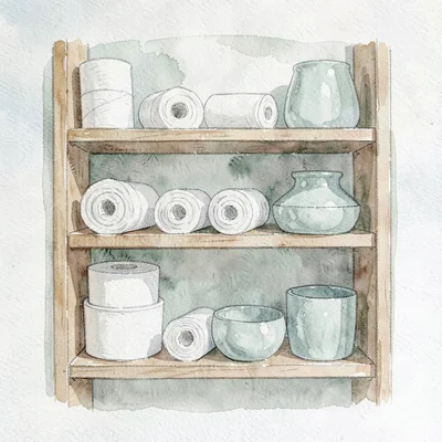 Wash watercolor of a tidy supply shelf with rolls of bandage, calm sage palette