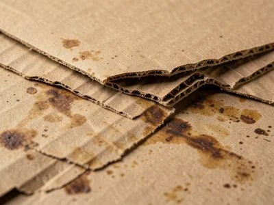 Peeled cardboard, top layer partially removed revealing interior corrugation, ar