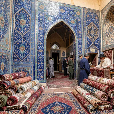 Samarkand blue majolica against Central Asian terracotta, carpet merchant surrou