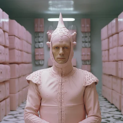 Film still occult portrait of amazon delivery worker