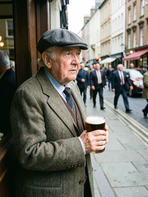 Elderly man in a flat cap and tweed jacket watching from a pub doorway, pint of 