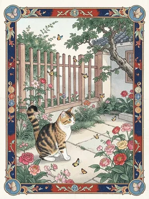 Cat watching butterflies in a courtyard garden with fence and flowers
