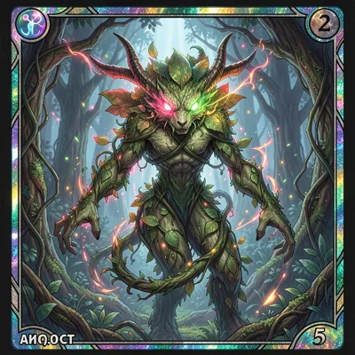 Trading card game illustration, a forest spirit composed of leaves and vines, ey