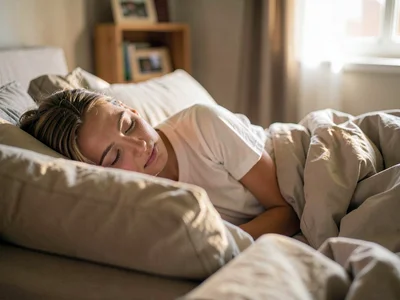 Person waking on couch after falling asleep watching TV, Netflix asking if still