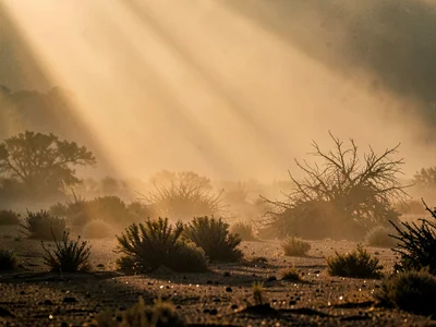 Morning haze of dust creating visible light shafts