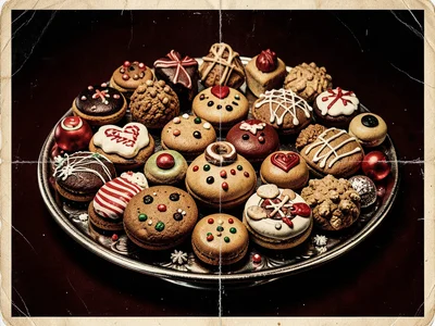 Christmas cookie platter with variety of shapes and decorations, festive